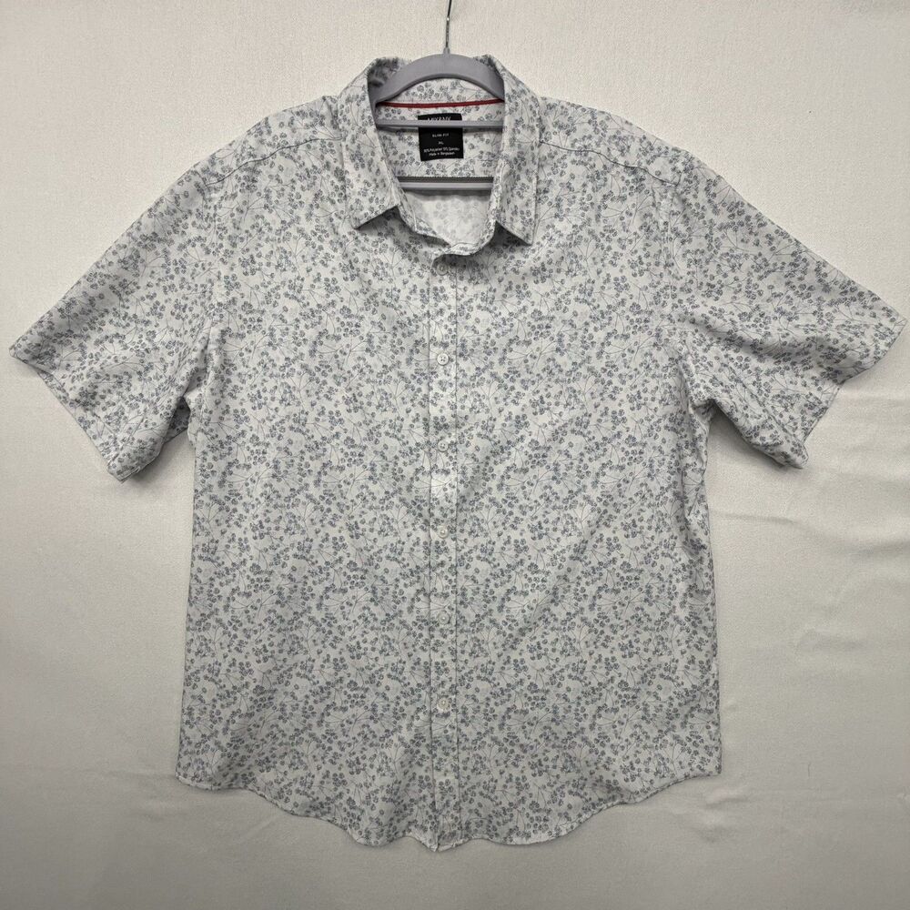 Mix&NY Performance Slim Fit Short Sleeve Button-Up White Blue Floral XL